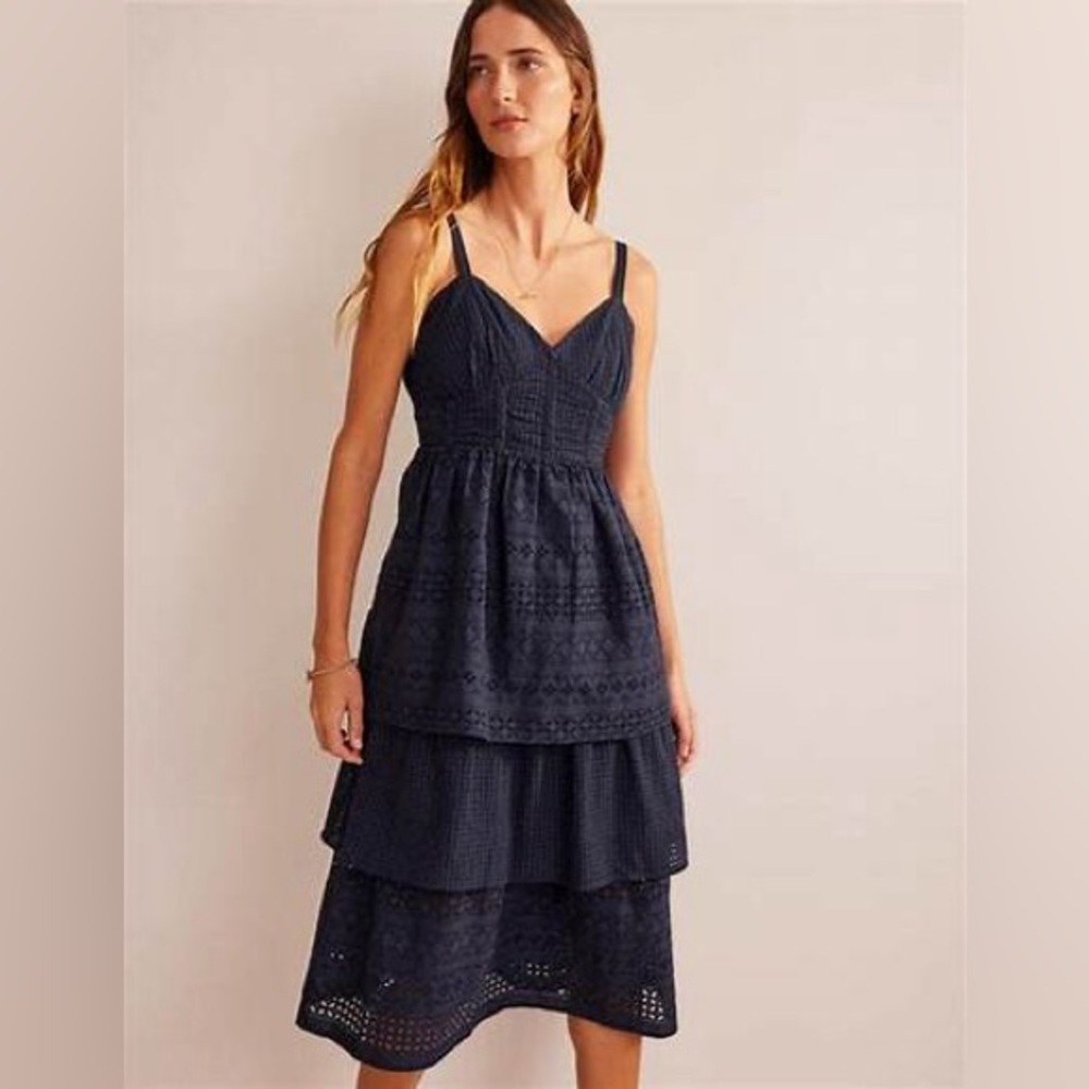 Boden Tiered Broderie Midi Dress Navy size 8R